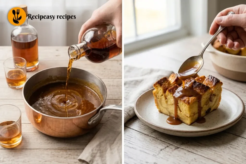 adding bourbon and spooning sauce over bread pudding