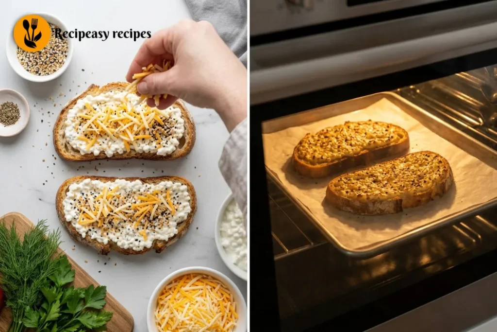 adding cheese and baking cottage cheese toast
