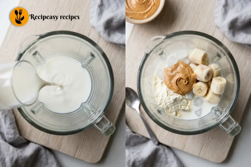 adding milk and shake ingredients to blender