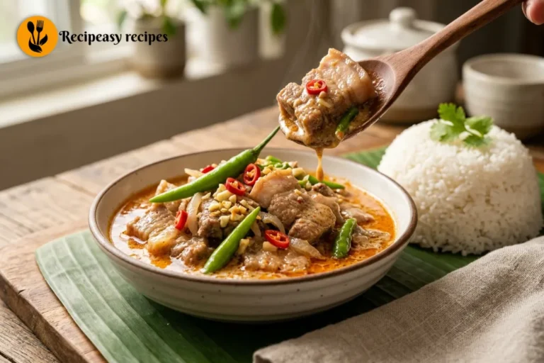 bowl of Bicol Express pork in coconut sauce with chilies and rice