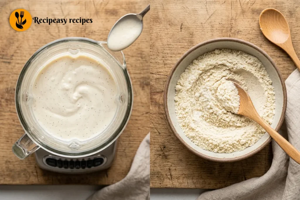 blending cottage cheese and mixing almond flour for cookie dough