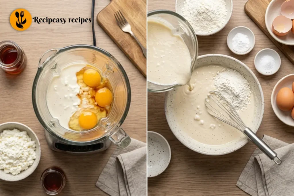blending wet ingredients and whisking in dry ingredients for pancake batter