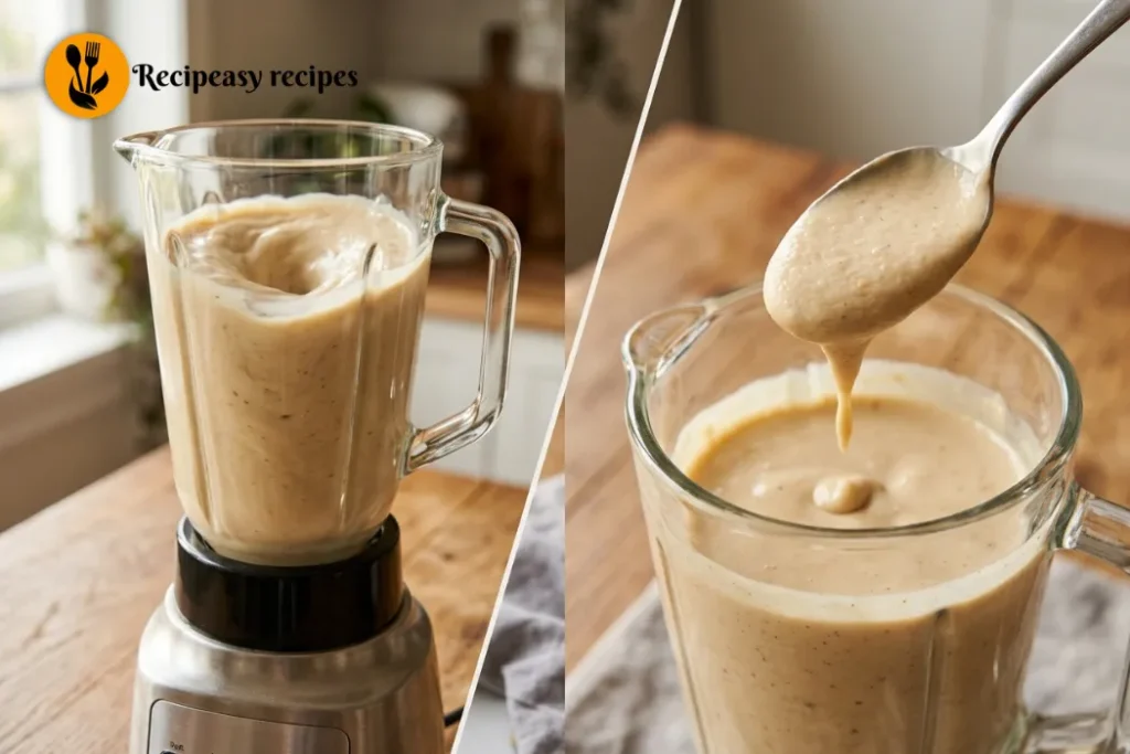blending peanut butter protein shake and checking thickness