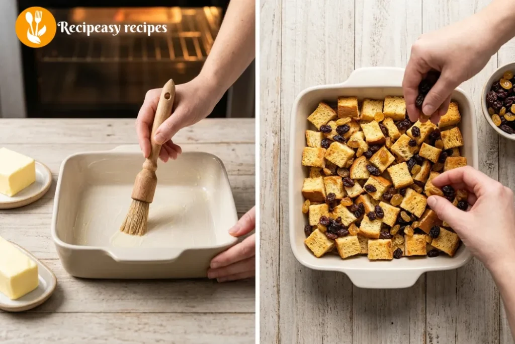 buttering baking dish and adding bread cubes and raisins