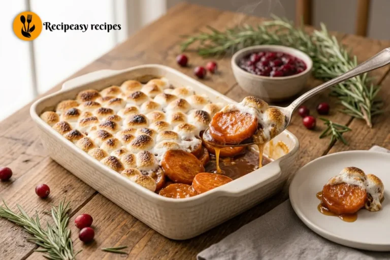 baking dish of candied yams topped with toasted marshmallows