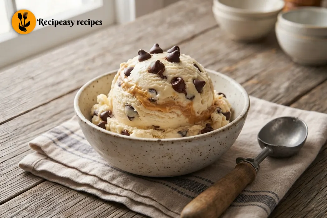scoop of cottage cheese ice cream with chocolate chips and peanut butter