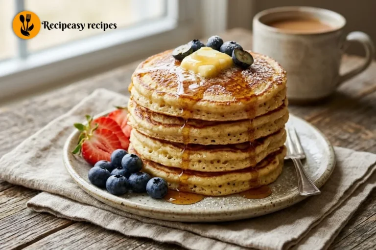 fluffy cottage cheese pancakes with butter and syrup