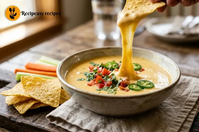 bowl of cottage cheese queso with tortilla chip dipping in