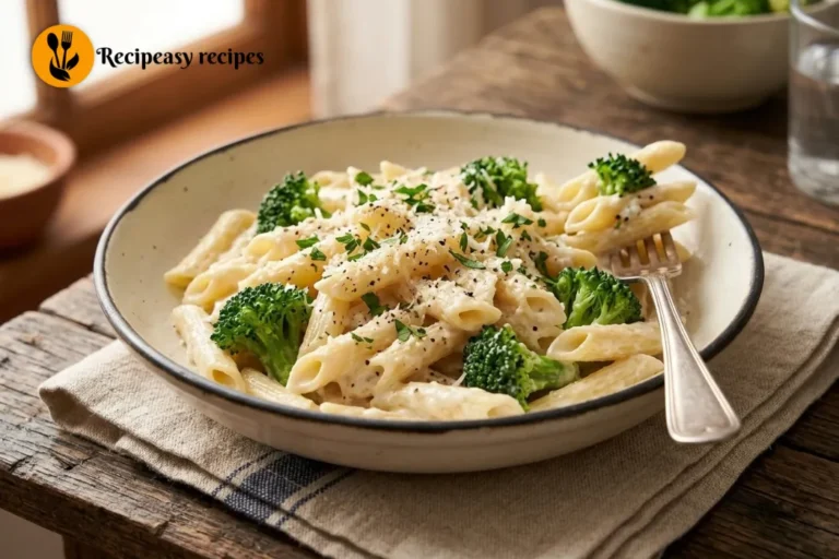 penne with creamy cottage cheese pasta sauce and broccoli