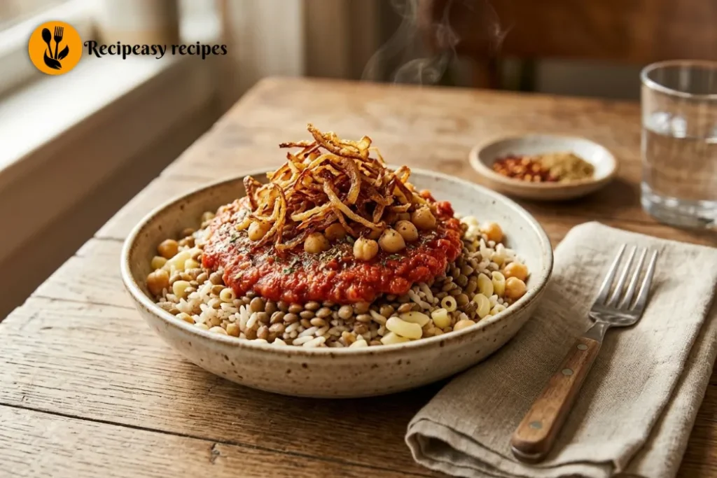 bowl of Egyptian koshari with crispy onions and tomato sauce