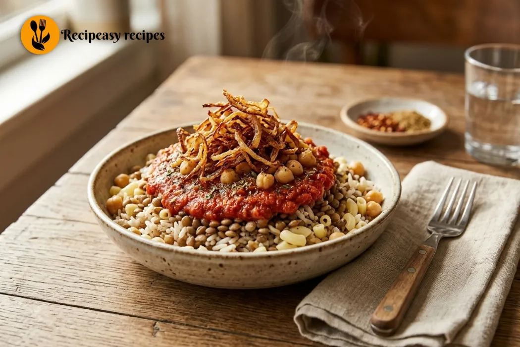 bowl of Egyptian koshari with crispy onions and tomato sauce