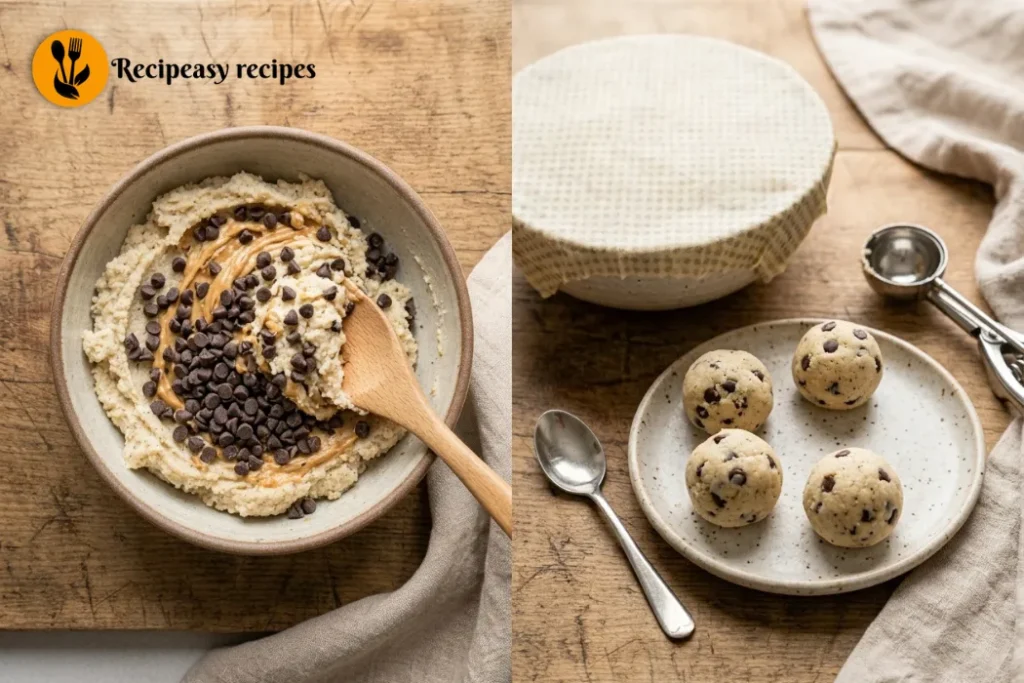 folding in chocolate chips and scooping chilled cookie dough