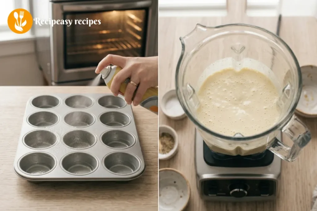 greasing muffin tin and blending egg and cottage cheese mixture
