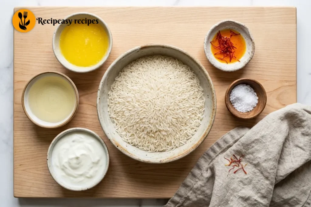 ingredients for Persian rice tahdig recipe