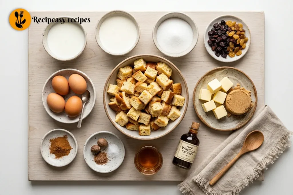 ingredients for bread pudding with bourbon sauce