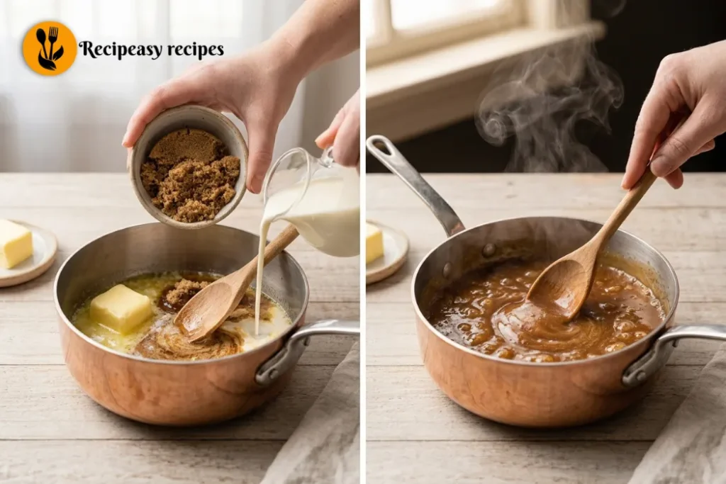 melting butter and simmering brown sugar cream sauce