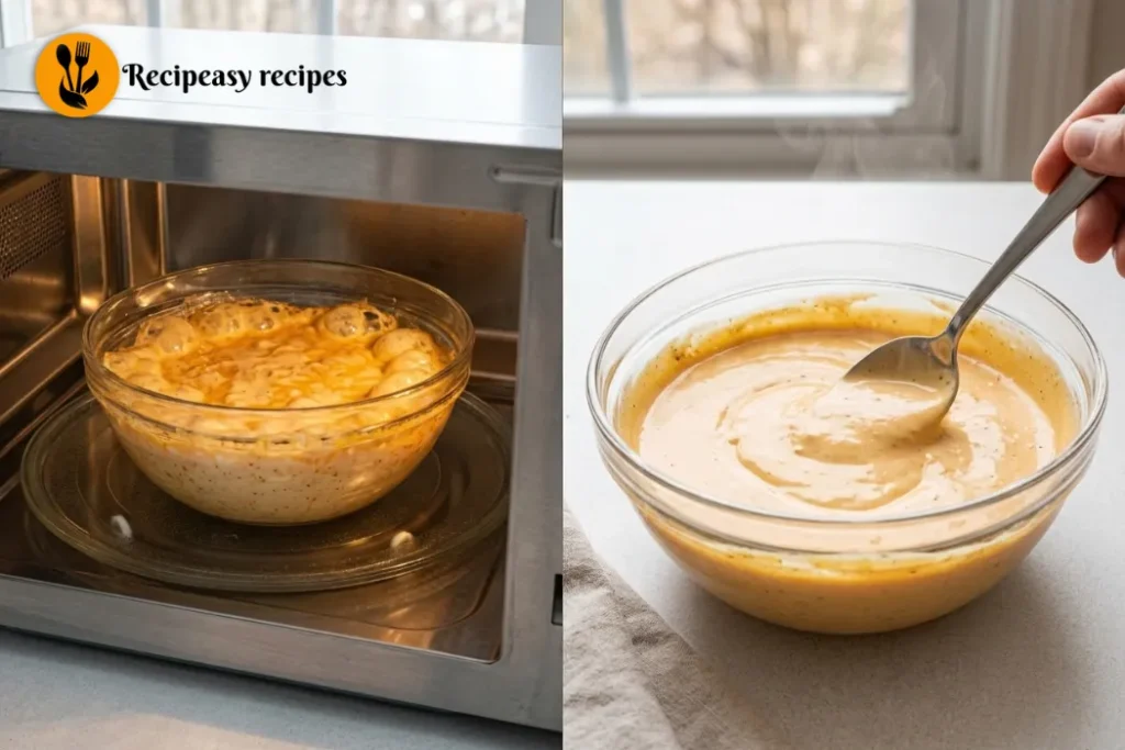 microwaving and stirring cottage cheese queso until smooth