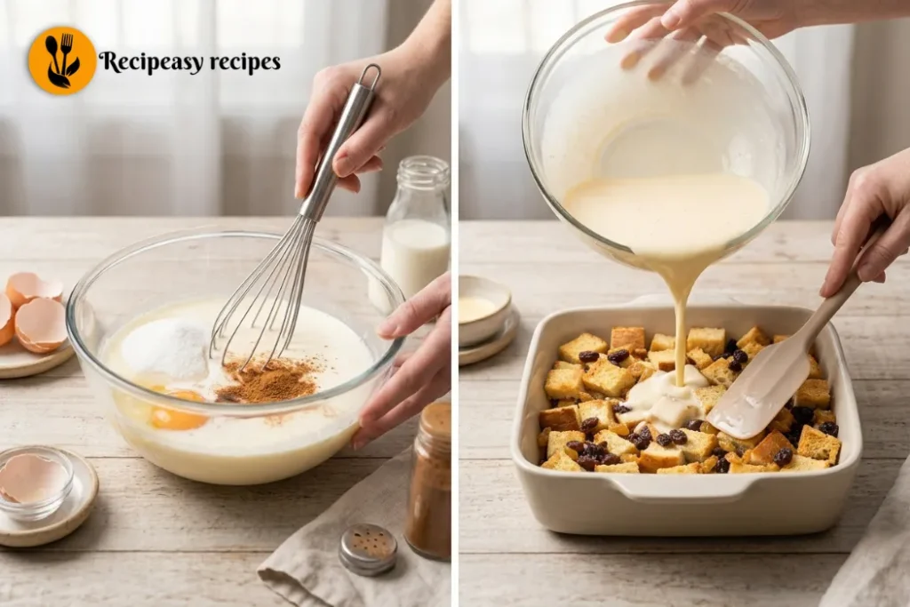mixing custard and pouring over bread cubes