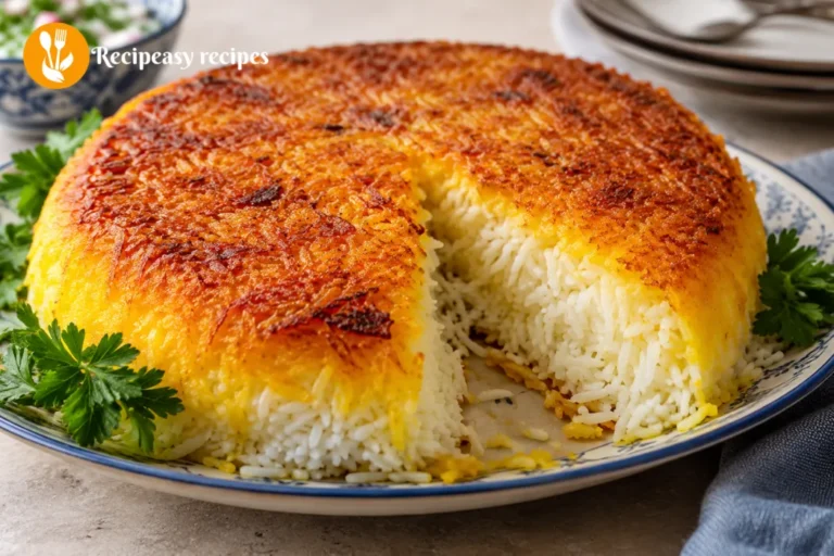 flipped golden crispy Persian tahdig on serving plate