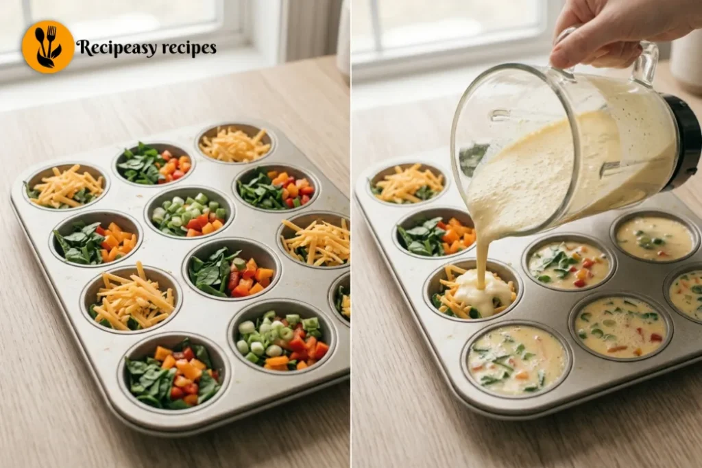 adding veggies to muffin tin and pouring egg mixture