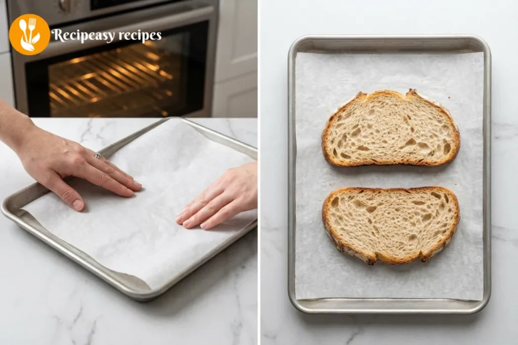 lining baking sheet and pre-toasting bread for cottage cheese toast