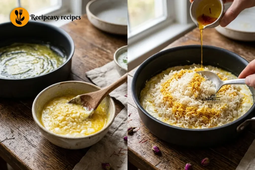 preparing the pot and layering rice for tahdig