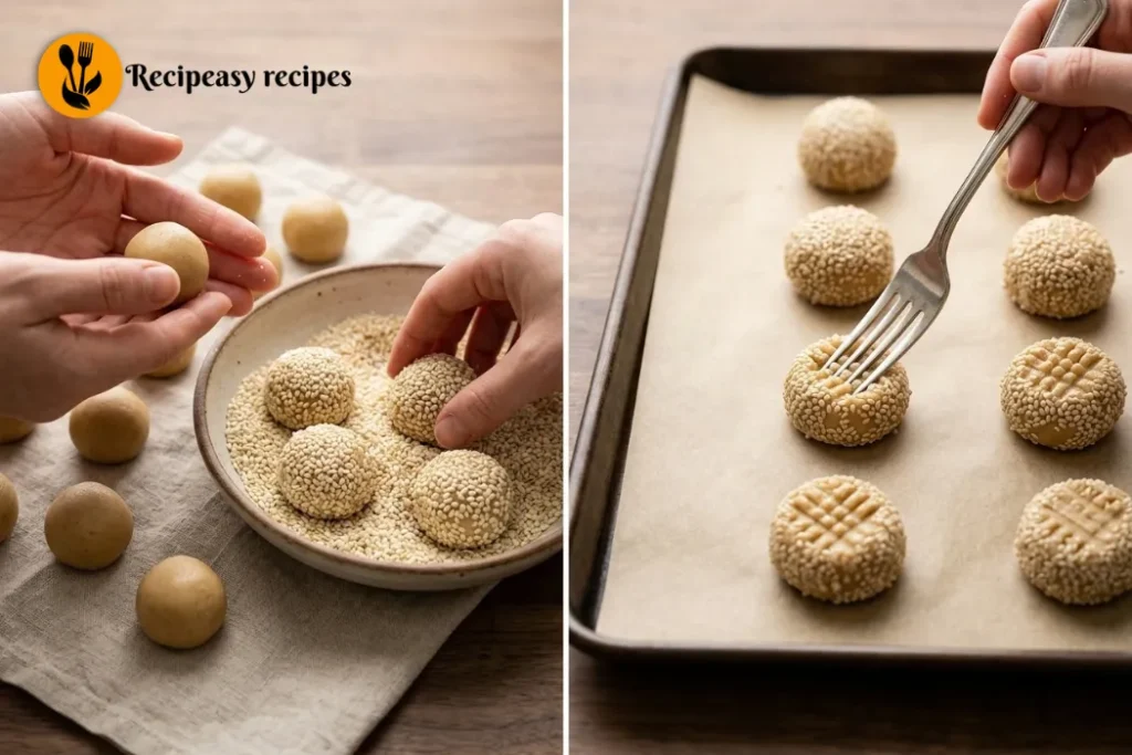 rolling tahini cookie dough in sesame seeds and flattening