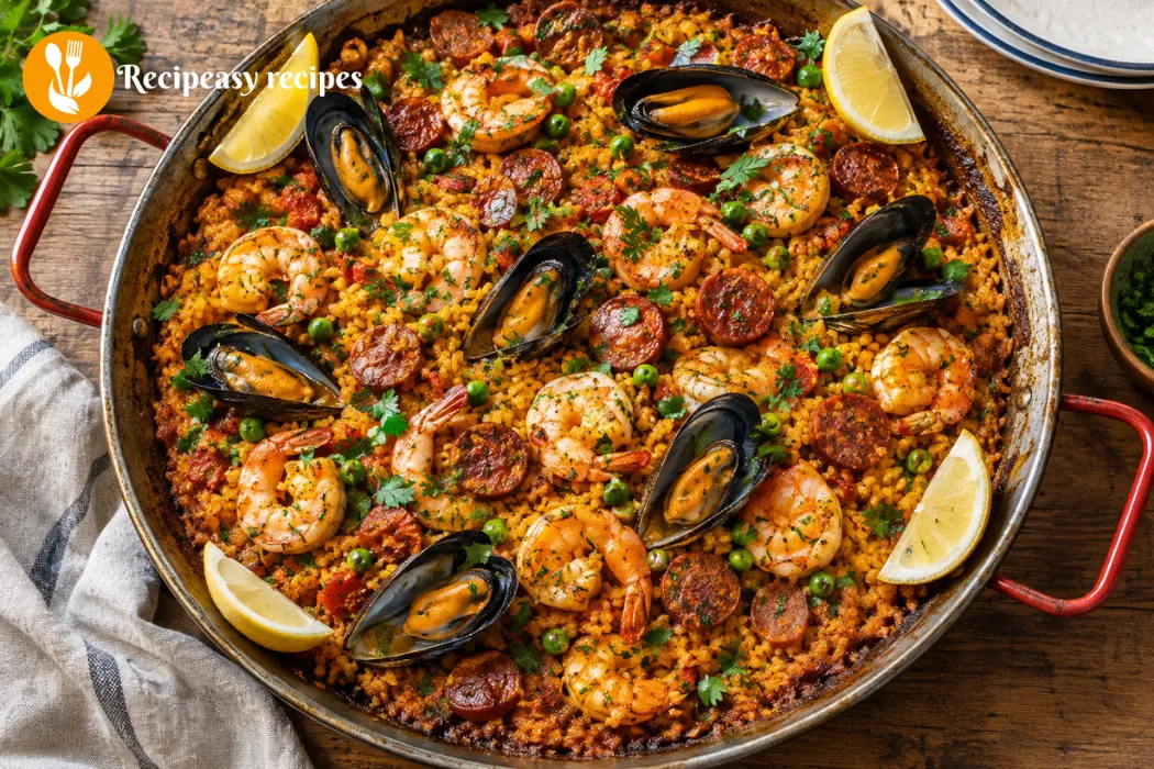 finished Spanish paella with shrimp mussels and socarrat crust