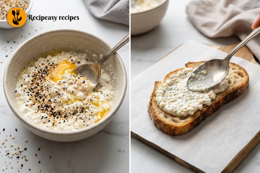 mixing and spreading cottage cheese topping on toast