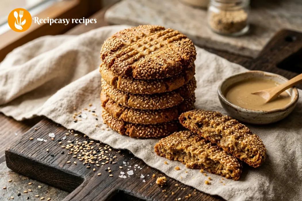 stack of tahini cookies coated in sesame seeds