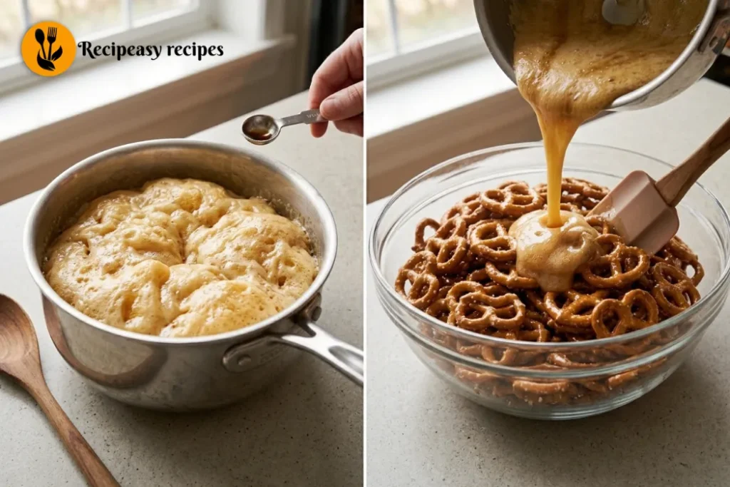 adding baking soda to toffee and coating pretzels
