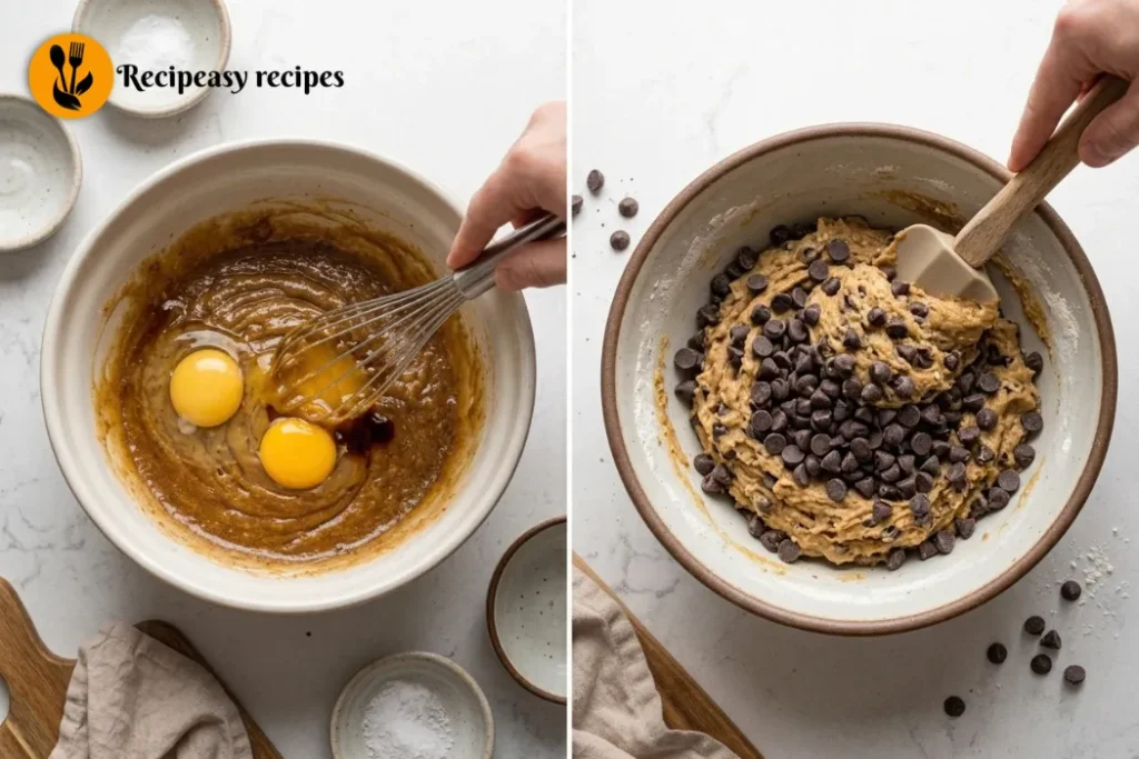 adding eggs and vanilla then bringing cookie dough together