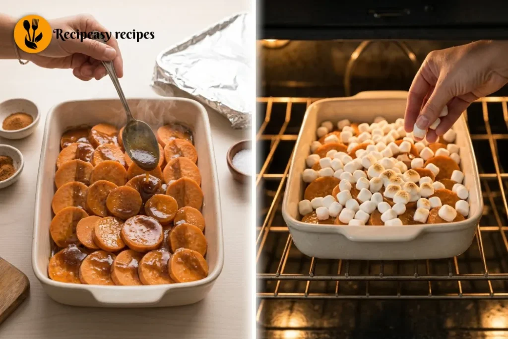 baking uncovered and adding marshmallows to candied yams