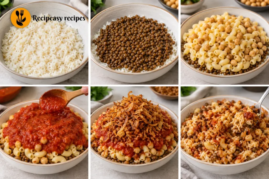 assembling koshari bowl