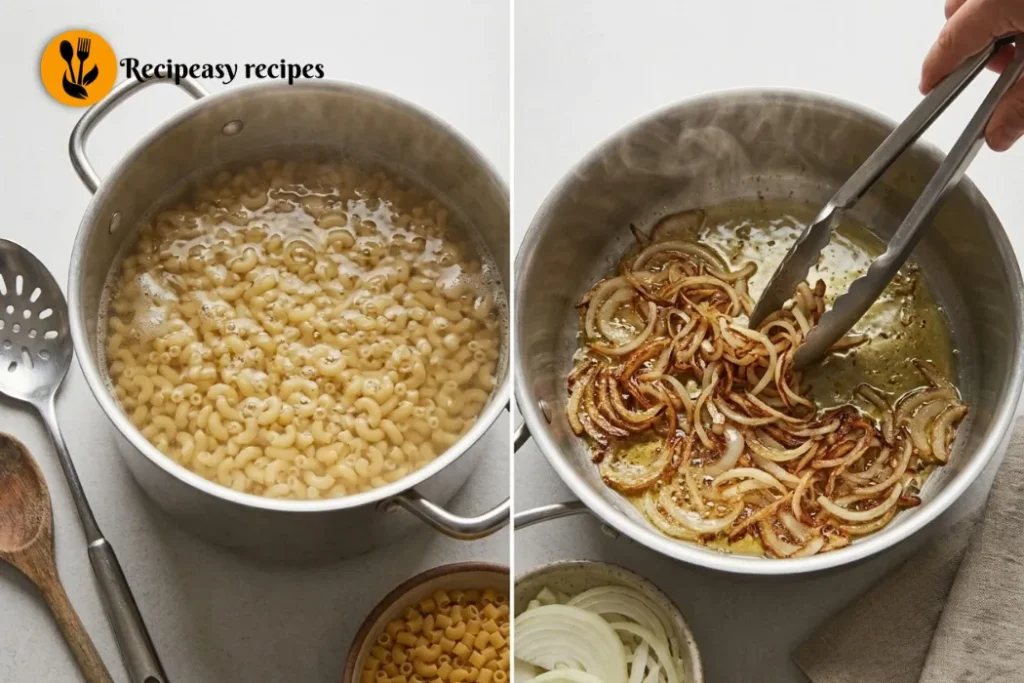 boiling pasta and frying crispy onions for koshari