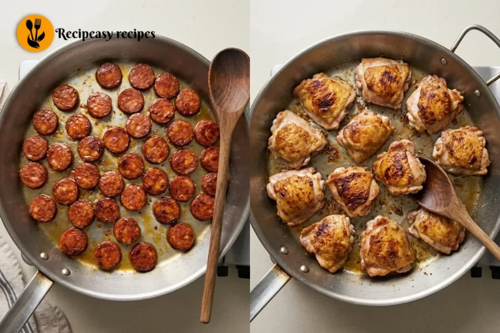 browning chorizo and chicken for paella