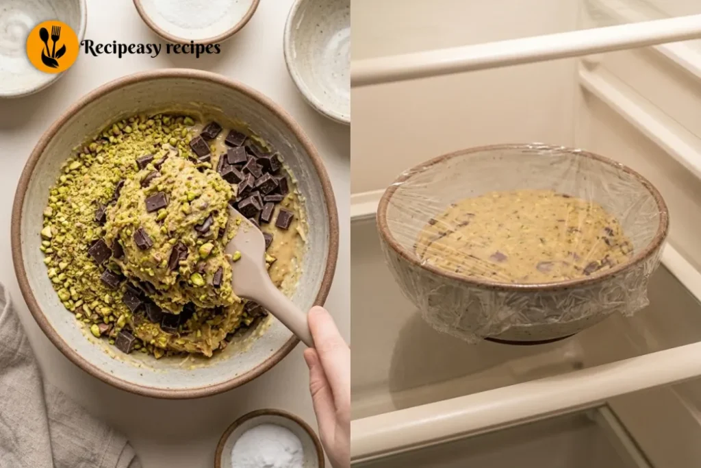 combining pistachio cookie dough and chilling it