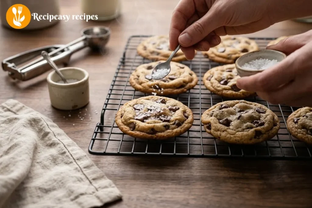 brown butter chocolate chip cookies cooling with sea salt on top