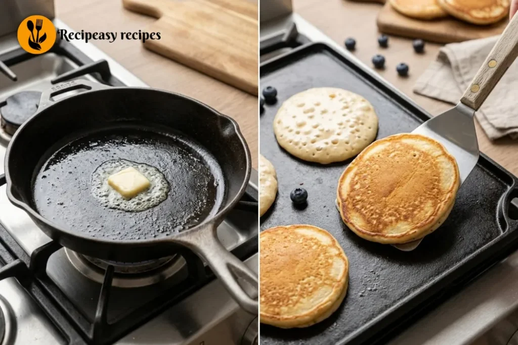 heating skillet and cooking cottage cheese pancakes