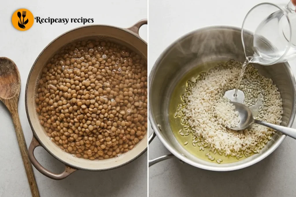 cooking lentils and rice for koshari