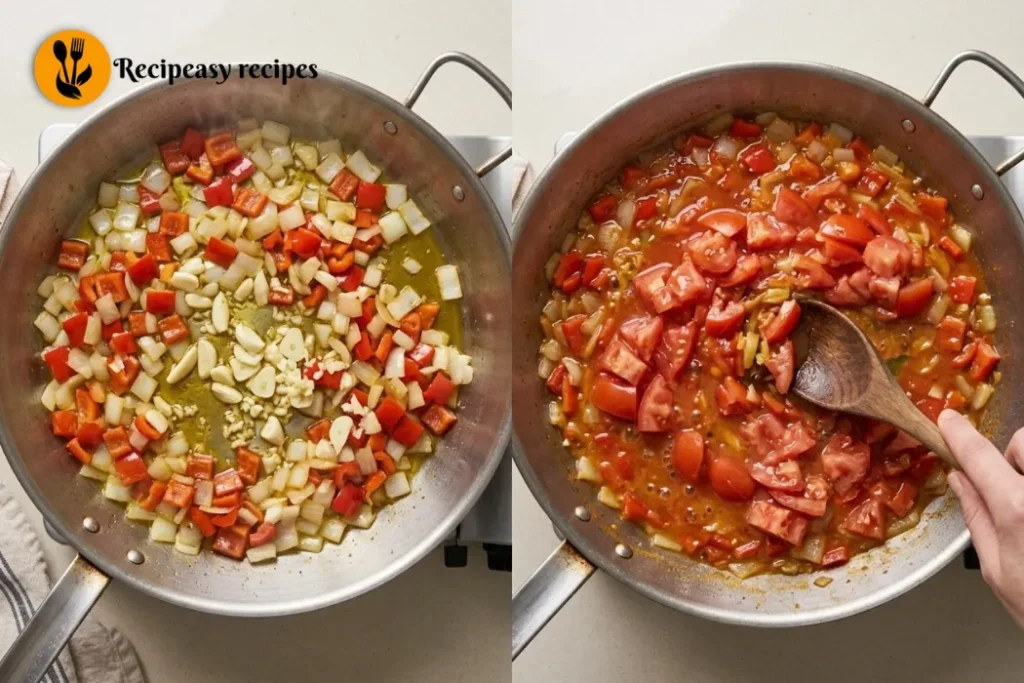 cooking vegetables and adding tomatoes to paella