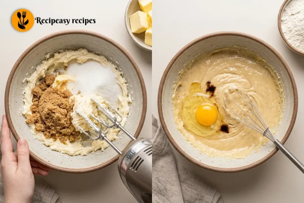 creaming butter and sugars then adding egg and vanilla
