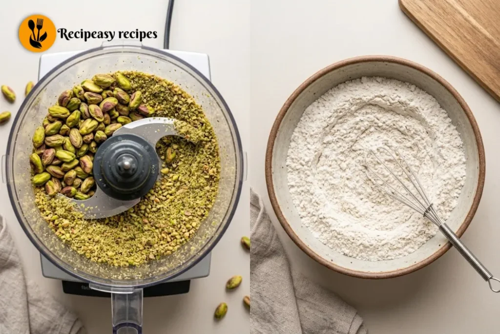 grinding pistachios and mixing dry ingredients