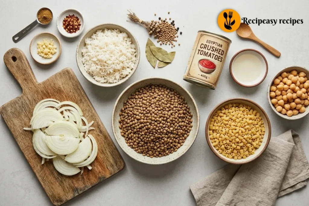 ingredients for Egyptian koshari recipe