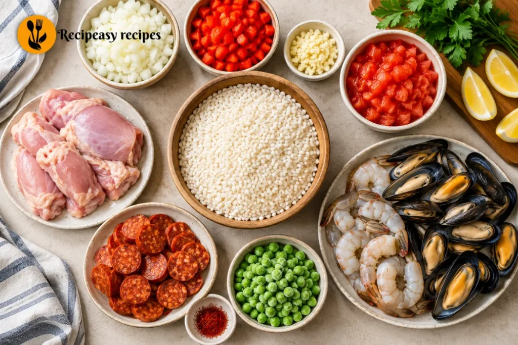 ingredients for Spanish paella rice recipe