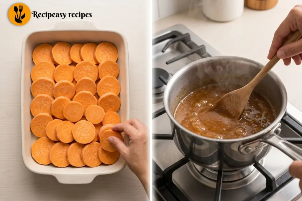 layering sweet potatoes and making brown sugar syrup