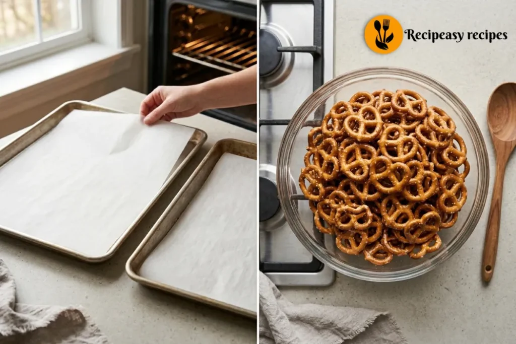 lining baking sheets and preparing pretzels for toffee