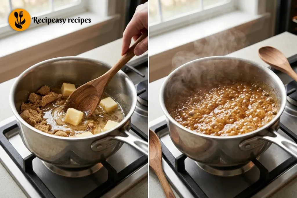 melting and boiling toffee in saucepan
