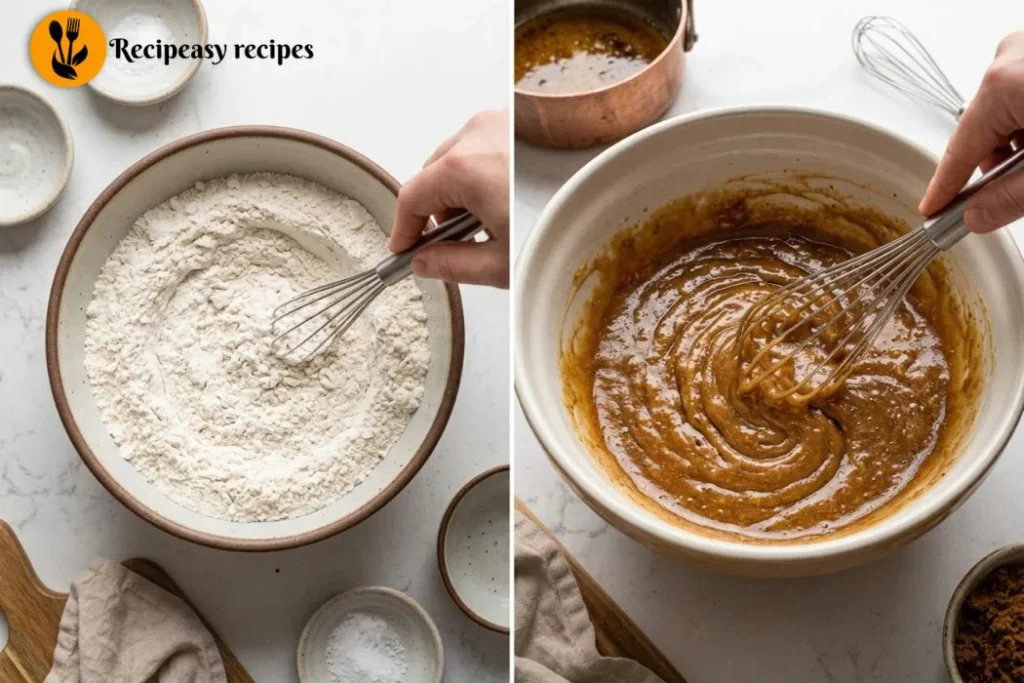 mixing dry ingredients and combining brown butter with sugars