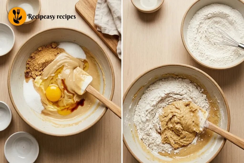 mixing wet ingredients and adding dry ingredients for tahini cookie dough